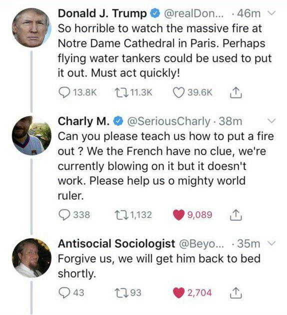 واکنش ظنز ترامپ به آتش سوزي کليسا واکنش ظنز ترامپ به آتش سوزي کليسا