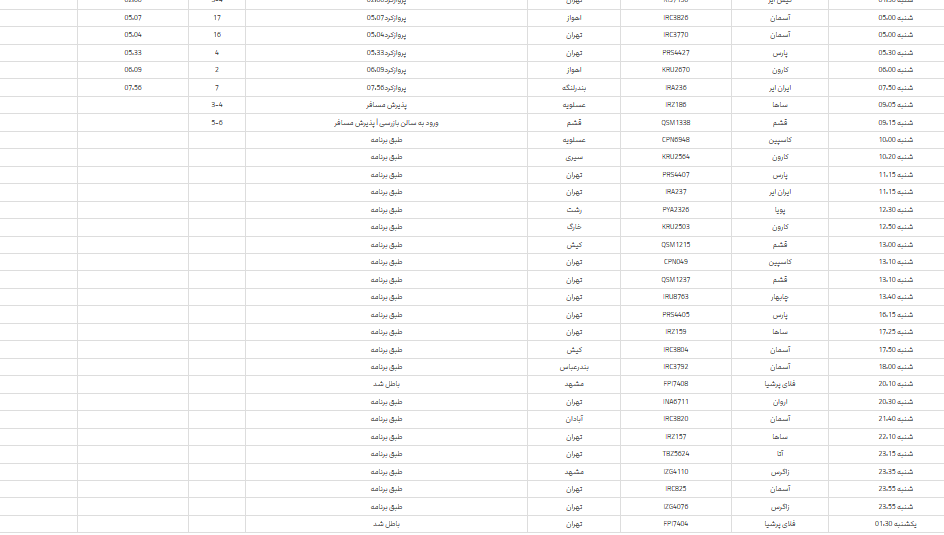 برنامه پرواز‌های فرودگاه شیراز؛ شنبه ۲۹ اردیبهشت