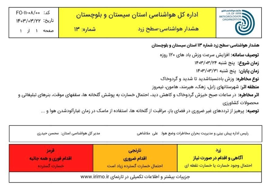 هشدارهواشناسی،افزایش سرعت باد‌های ۱۲۰ روزه درشمال سیستان وبلوچستان