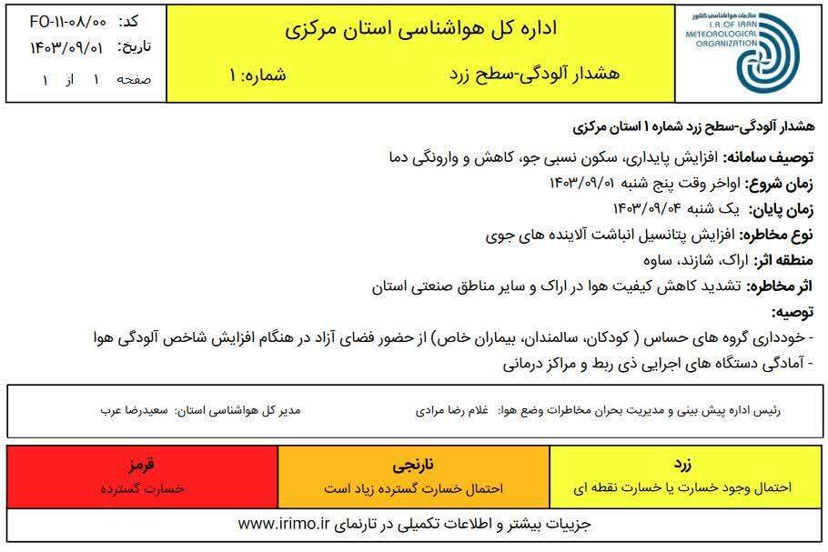 هشدار آلودگی سطح زرد شماره ۱ استان مرکزی